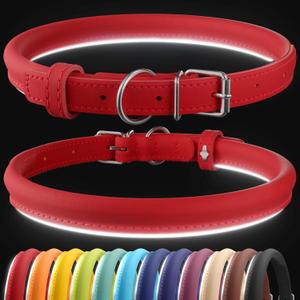 CollarDirect Reflective Rolled Leather Dog Collar, Soft Padded Round Puppy Collar, Handmade Genuine Leather Collar Dog Small Large Cat Collars 13 Colors (12-15 Inch, Red Smooth)
