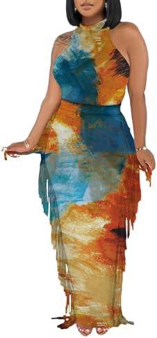 Euulin Women's Sexy 2 Pieces Dress Outfits Halter Neck Backless Crop Tops Long Bodycon Fringe Skirt Sets Night Club Party Mottled S