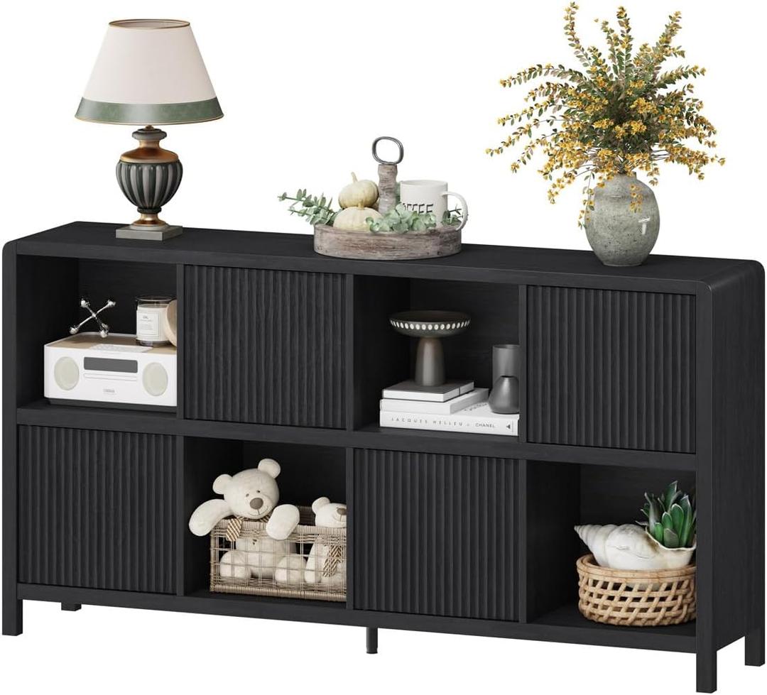 FATORRI 8 Cube Storage Organizer Bookshelf with 4 Doors, Low Horizontal Bookcase with Storage, Long Wood Book Shelf for Dining, Home Office (Black)