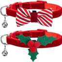azuza Christmas Cat Collar Breakaway with Bells, 2 Pack Holiday Celebration Cat Collars with Cute Holly and Bowtie Accessories, Size Adjustable from 8"-12"