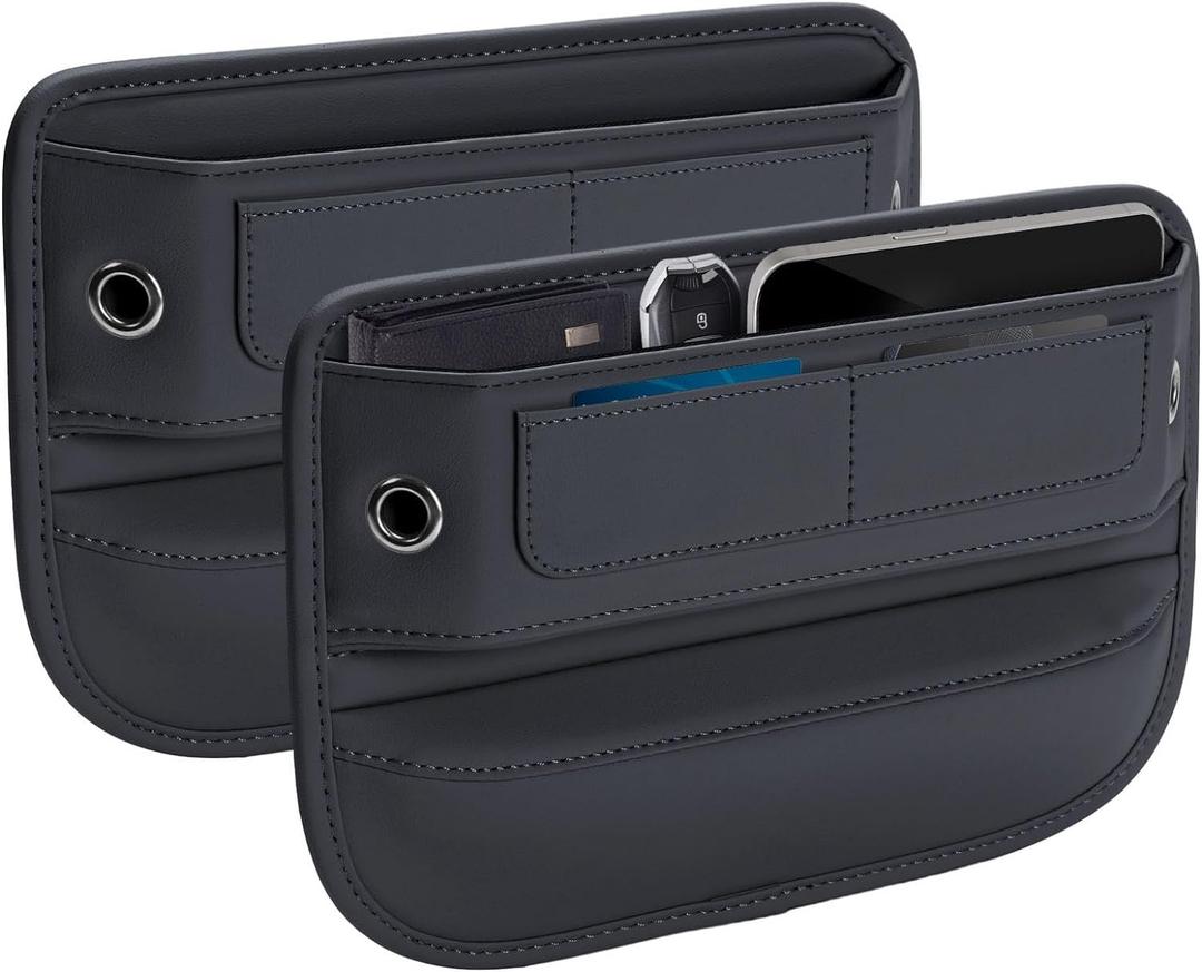 Universal Fit Premium Leather Car Seat Gap Filler Organizer, Center Console Organizer with Card Slots for Car Suv Truck (Black, 2 Pack)