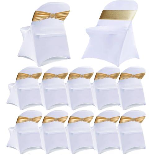 MAGTOWNE 10 Pack White Folding Chair Covers with 10 Pack Gold Chair Sashes, Chair Covers for Folding Chairs, Gold Sashes for Chairs, 20 Pack White Folding Chair Cover Sets