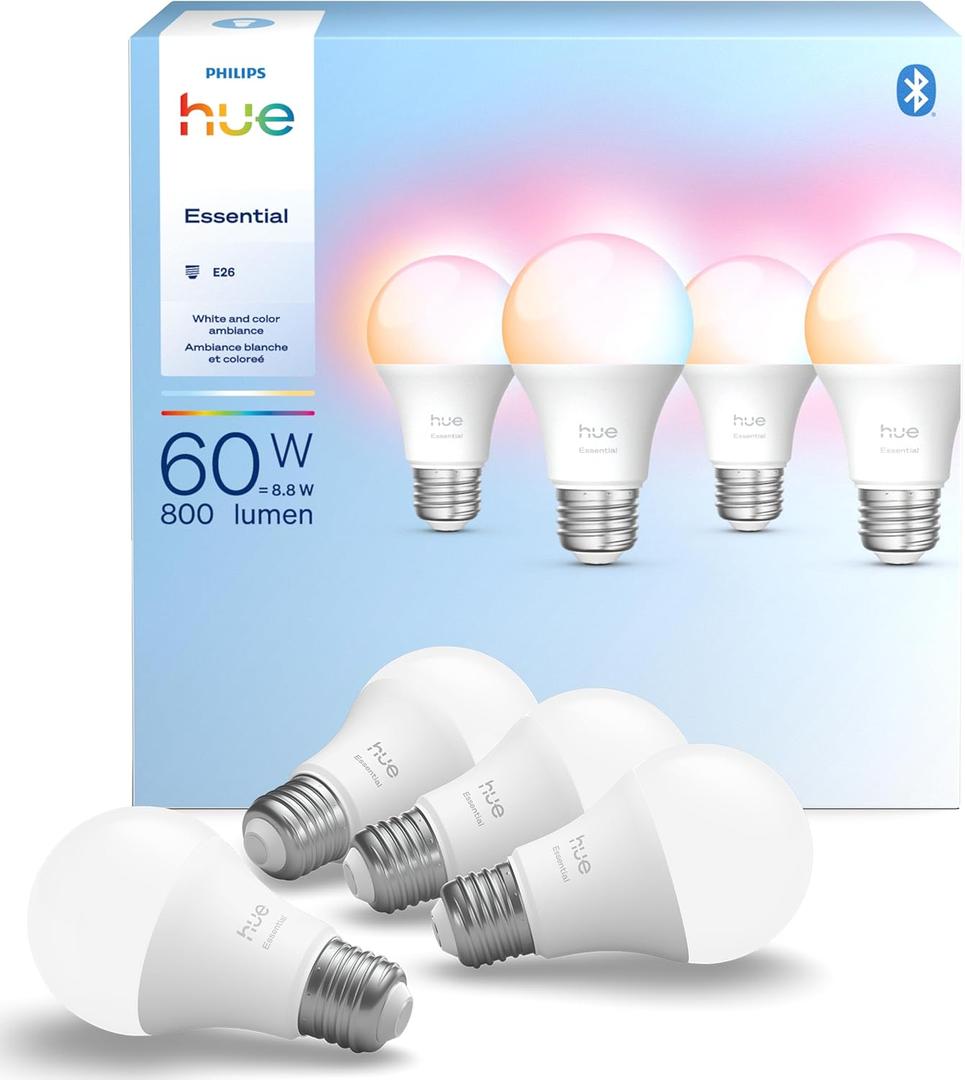 Philips Hue Essential Smart LED A19 Bulb, White and Color Ambiance, E26 Base, 8.8W, 2200K-6500K, 800 Lumens, Dimmable, Works with Alexa, Google, and Apple Home, 4-Pack