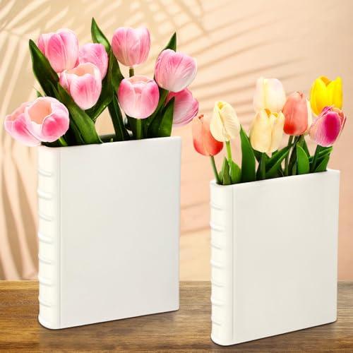 Vesici 2 Pcs Ceramic Book Shape Vase for Flowers Gifts for Christmas Cute Bookshelf Decor Vase for Book Lovers Gifts Unique Vases Home Decor for Bookshelf Dining Table Office Home(White)