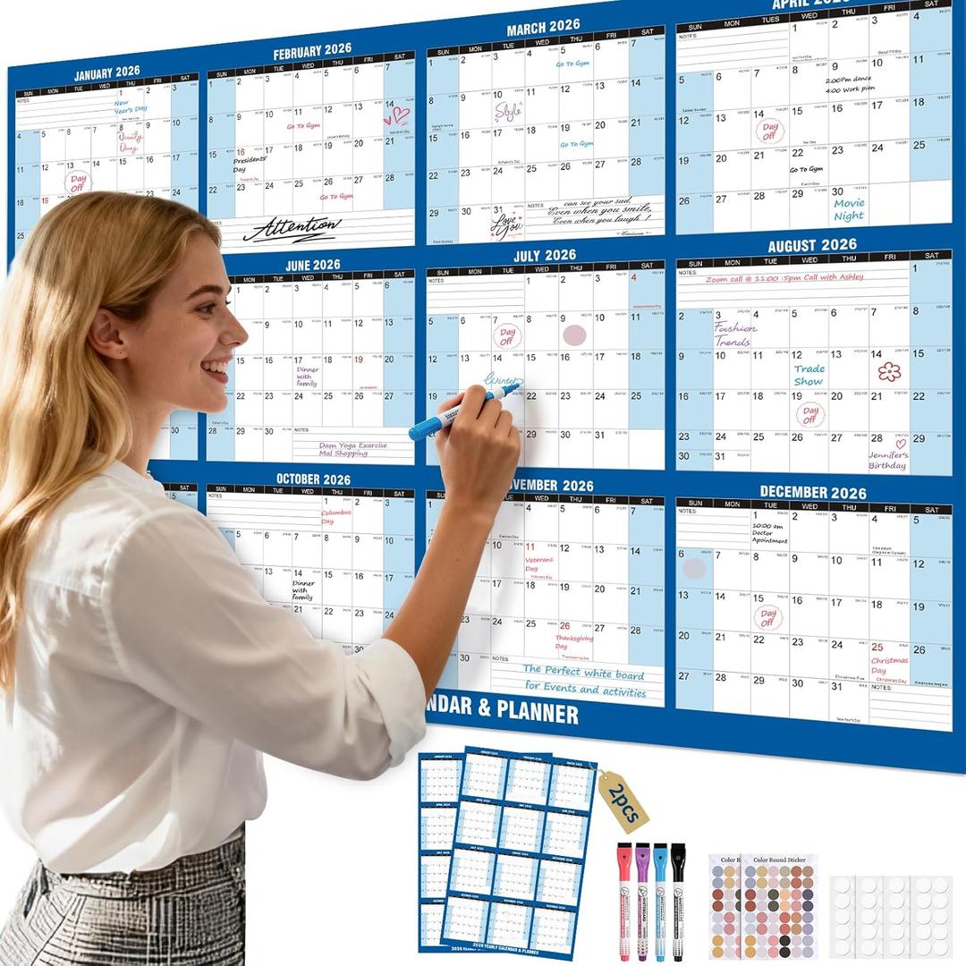 2 PCS 2026 Wall Calendar,Large XL 32" x 48" Laminated 2-Side Horizontal/Vertical | Wet & Dry Erase | Yearly Wall Hanging Calendars Thick Paper 12 Month Annual Planner for Office/Family/College (Blue)