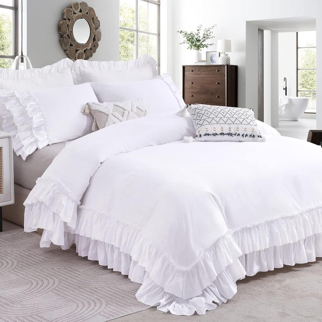 Ruffle White Duvet Cover King Size-Washed Cotton Shabby Farmhouse Chic Ruffled Bedding 3pcs(1 Soft Linen Feel Cotton Duvet Cover +2 Ruffle Pillowshams) Aesthetic French Country King Bedding