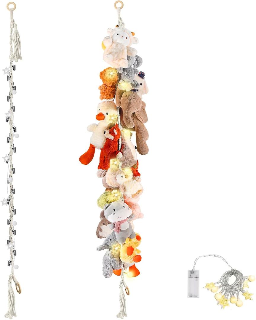 CERETIA 80" 2-Pack Cotton Hanging Storage Chain For Stuffed Animals Storage with LED Light, Stuffed Animal Organizer Chain for Wall Corner Nursery Play Room, White