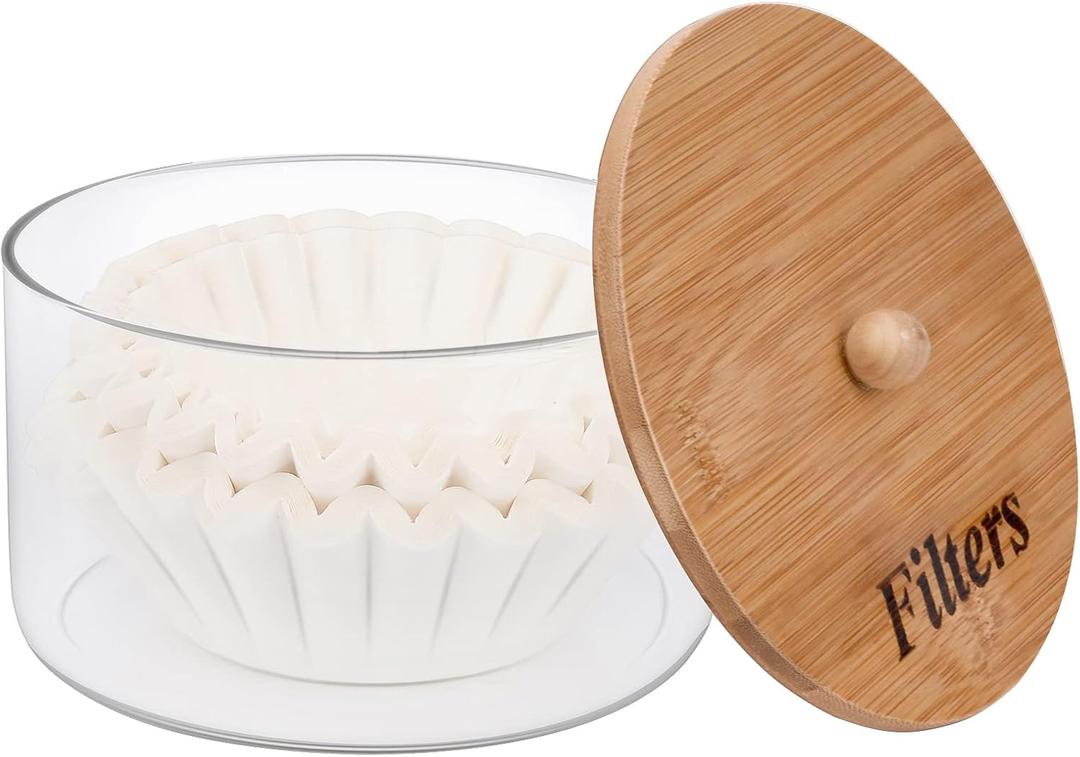 Coffee Filter Holder with Lid,Glass Coffee Filter Storage Container,Coffee Filter Dispenser,Rustic Coffee Filter Organizer Basket,Coffee Filter Container for Counter, Coffee Bar Accessories Decor, 6.3 inches x 3.9 inches