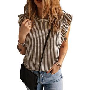 Melliflo Womens Ruffle Short Sleeve Crewneck Striped Shirt Casual Blouses Business Work Tops Summer Outfits Tank Tops (Red, XL)