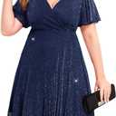 CYCLAMEN Plus Size Sparkly Mesh Dress A Line Short Ruffle Sleeve V Neck Wrap Glitter Dresses Wedding Guest Cocktail Club