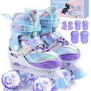 Sportneer Kids Roller Skates: 4 Size Adjustable Quad Skates with Light Up Wheels for 5-8 8-12 Girls Boys Kids Toddlers Beginners, Birthday Gift Kids Skates with Protective Gear Set for Outdoor Indoor XS
