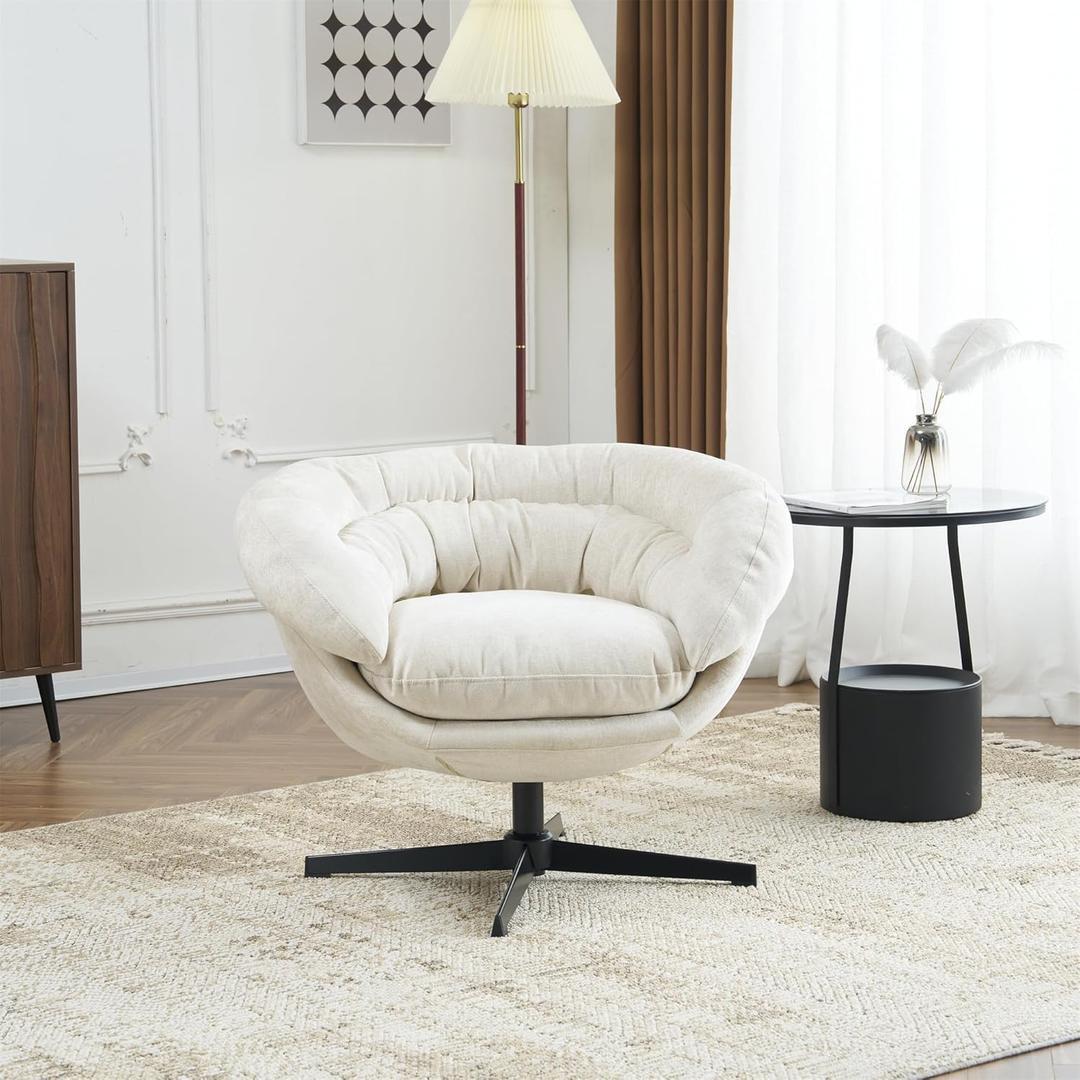 Christopher Knight Home 360 Swivel Club Chair,Chenille Upholstered Accent Chair with Removable Cushion, Round Office Chair with Black Metal Base,Beige