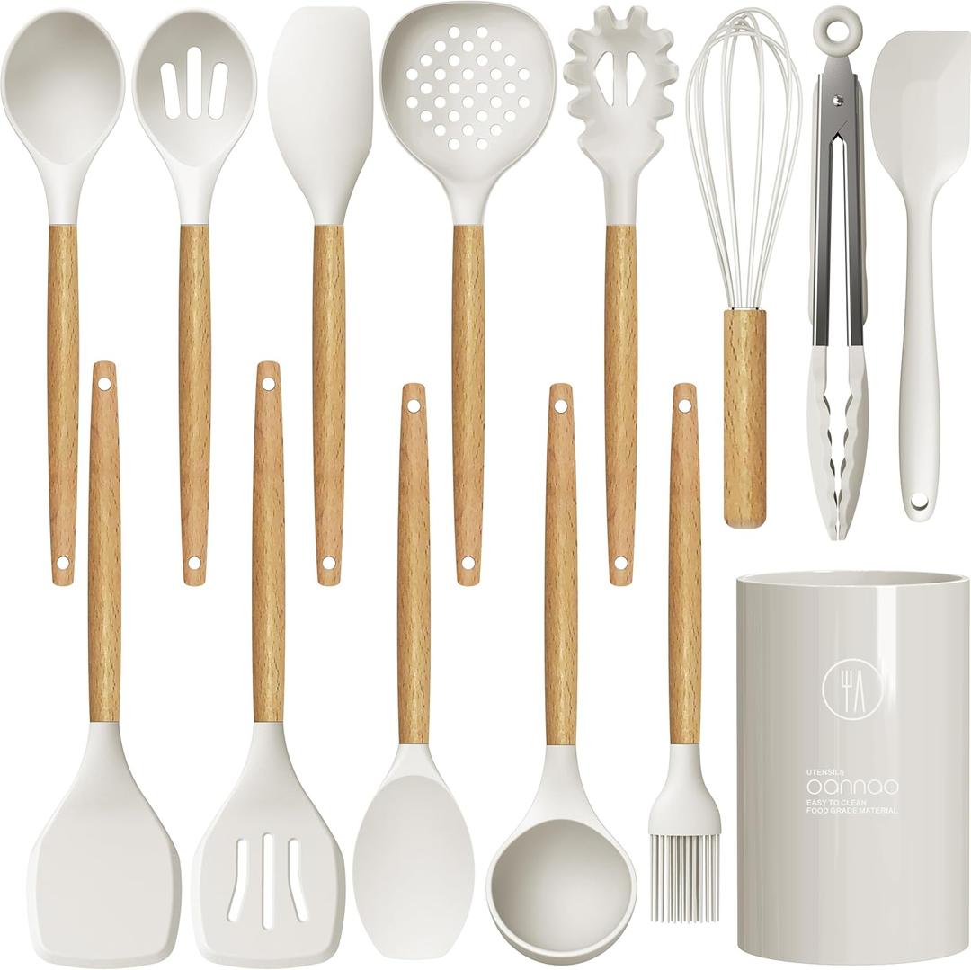 Silicone Cooking Utensils Set - 446F Heat Resistant Silicone Kitchen Utensils for Cooking,Kitchen Utensil Spatula Set w Wooden Handles and Holder for Non-Stick Cookware, BPA FREE (Cream White)