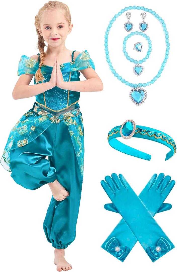 IKALI Princess Costume for Girls Kids Toddlers Arabian Princess Fancy Dress Up for Halloween Birthday Cosplay Party (8-10 Years, Green)