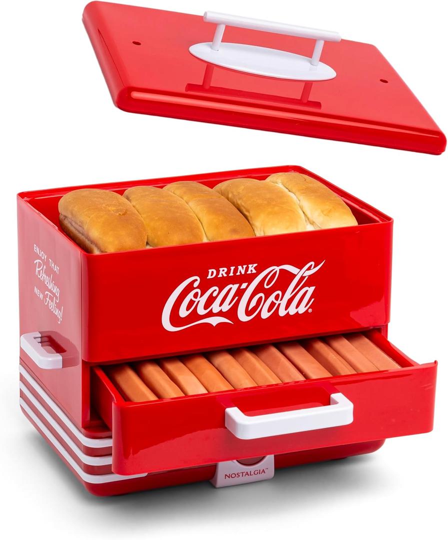 Nostalgia Extra Large Diner-Style Coca-Cola Steamer Cooks 20 Hot Dogs & 6 Buns - Hot Dog Steamer for Breakfast Sausages, Brats, Vegetables & Fish - Bun Steamer Perfect for Game Days or Parties - Red