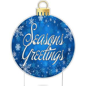 Large Blue Seasons Greetings Ornament Christmas Classic Yard Sign for Home Decor and Lawn Decoration With Stakes, Merry Christmas Sign
