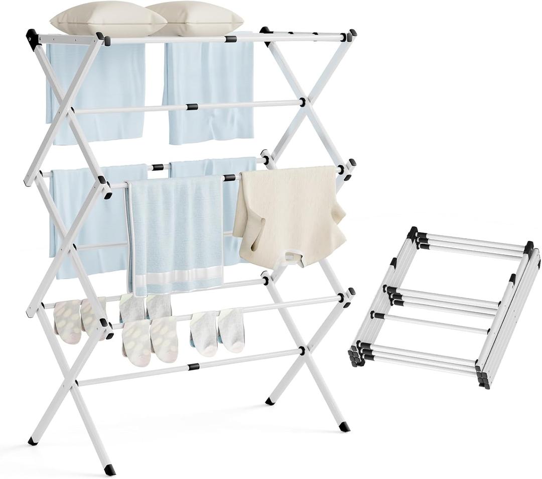 Clothes Drying Rack,Expandable Collapsible Heavy Duty Metal Laundry Standing Rack for Air Drying Clothing,3-Tier Portable Space Saving Clothing Rack for Laundry Indoor Outdoor(White), 28.9"W x 15"D x 39.8"H