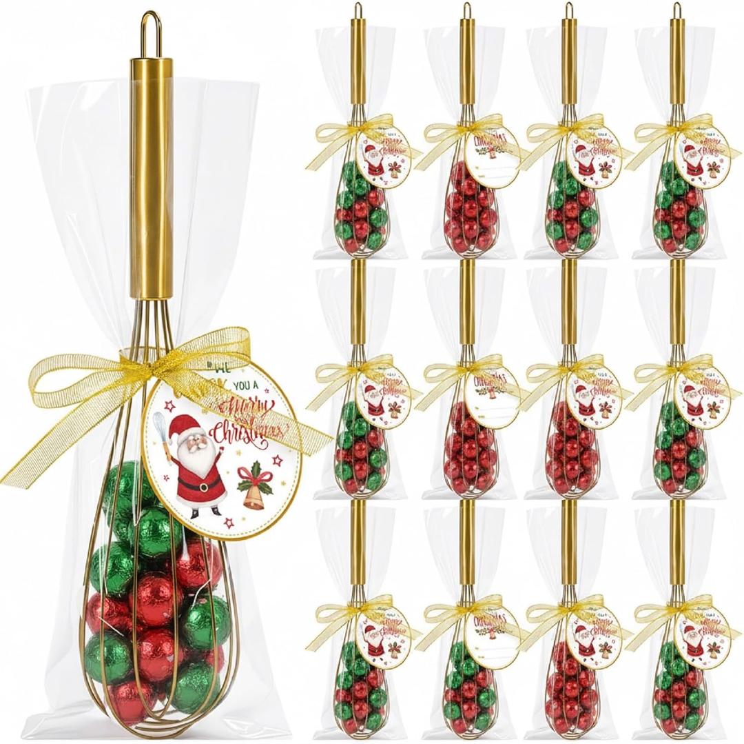 Teenyyou 12 Sets 10 Inch Christmas Whisk Gifts Gold Stainless Steel Whisks Cooking Party Favors DIY Fillable Christmas Tree Ornament Crafts Gold Heat Resistant Egg Beaters with Xmas Cards Bags Ribbons