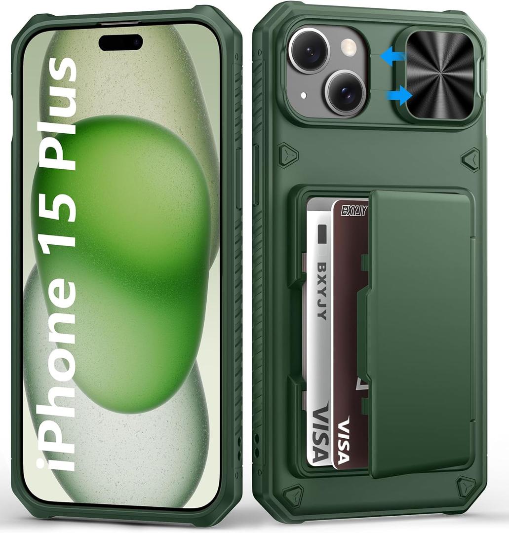 BXYJY for iPhone 15 Plus & iPhone 14 Plus Wallet Case with Card Holder(4-5 Cards), Slide Camera Lens Cover, Military Grade Shockproof & RFID Protection, Phone Case for iPhone 15 Plus/14 Plus, Green