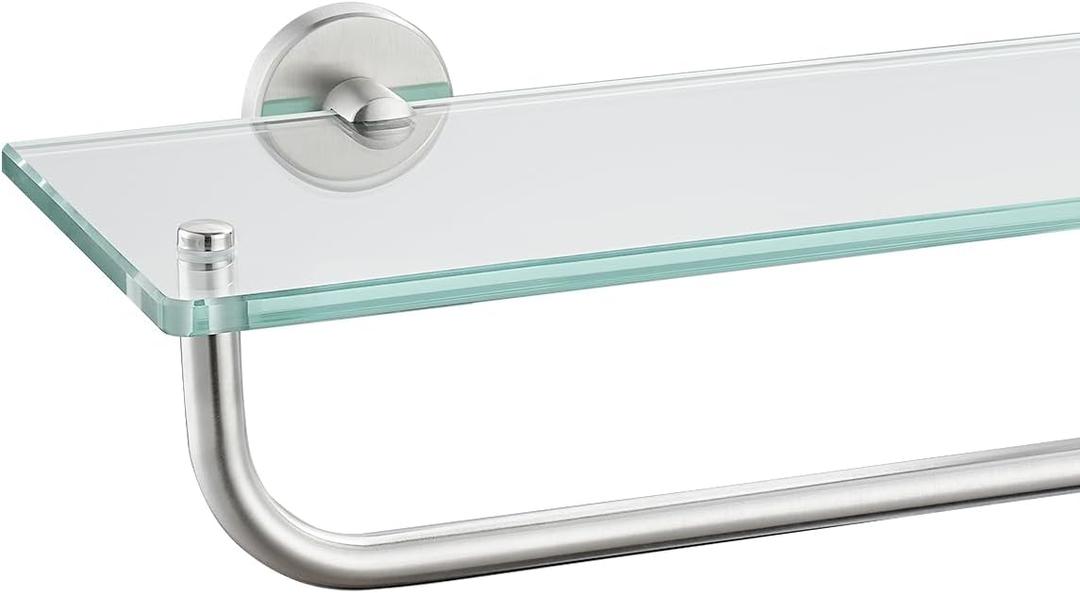 JQK Bathroom Glass Shelf, Shelf with 15 Inch Towel Bar Tempered Glass Shower Storage 16 by 5 inches, 304 Stainless Steel Brushed Finish Wall Mount, TGS100-BN