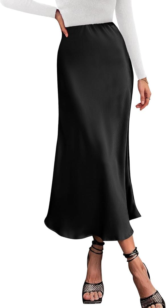 BTFBM 2026 Womens Spring Summer Long Satin Skirt Silk Elegant High Waist Cocktail Party Wedding Flowy A-Line Midi Skirts (Medium)