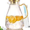 Yirilan Glass Pitcher,74oz/2.2 Liter Water Pitcher with Lid,Beverage Serveware,Iced Tea Pitcher,Water Carafe Handle,Heat Resistant Borosilicate Jugwith Mixing Spoon and Cup Brush