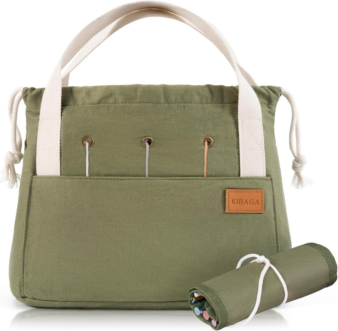 Stylish Crochet Bag Organizer Easily Organizes Your Yarn - Durable Canvas Bag w/ 8 Pockets Stores Plenty of Yarn Skeins & Crocheting Supplies/Accessories - Perfect Basket for Gifting to Knitting Fans (Sage)