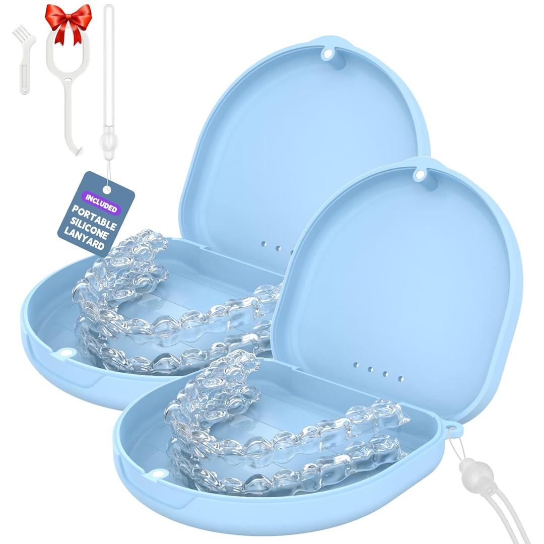 2Pack Retainer Case, Compatible with Invisalign, Slim Aligner Case with Vent Holes, Portable Orthodontic Box with Removal Tool, Brush and Lanyard, Blue