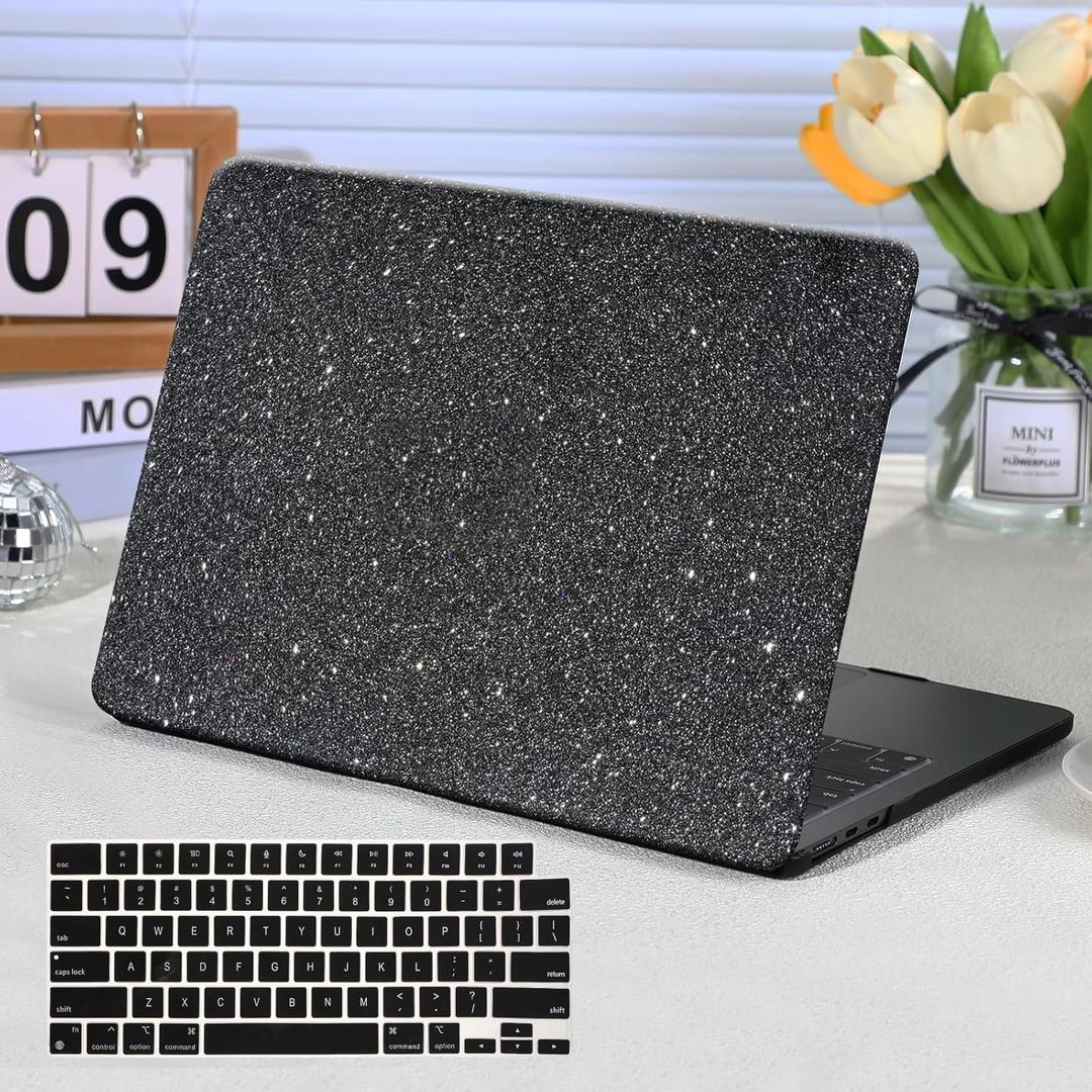 Funut for MacBook Pro 16 inch Case M5 2026 M4 2025 M3 M2 M1 2024-2021 A3429 A3428 A3403 A3186 A2991 A2780 A2485, Glitter PU Leather Hard Laptop Cover & Keyboard Cover for M4 Pro 16", Flash Gray