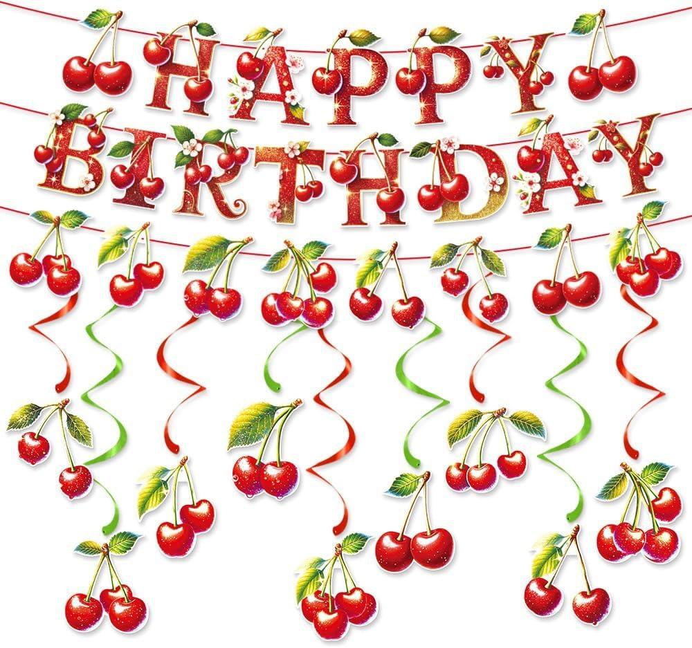 Cherry Theme Birthday Party Decorations ,Includes Happy Birthday Banner, Cherry Banner Hanging Swirls,Vibrant & Fun for Girl Princess Birth Party Cake Table Supplies Decor (Red)