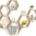 YBING Hexagon Floating Shelves Wall Mounted Farmhouse Wood Storage Honeycomb Wall Shelf Set of 6 Hexagonal Shelves Wall Home Decor Hexagon Shelves for Living Room Bedroom Office, Light Brown
