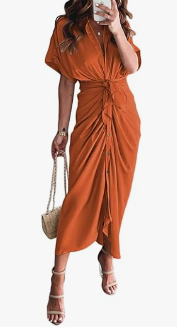 Women Elegant Satin Button Down Short Sleeve Maxi Shirt Dress with Belt Ornage Medium