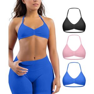 Comper Women's 3 Pack Strappy Bras Halter Bra Seamless Open Back Sports Bras Casual Bralette Crop top with Removable Cups (Medium, Black+sapphire Blue+pink)