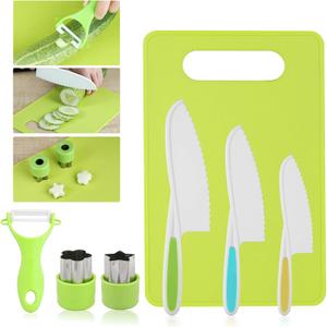 2 x 7 Pcs Montessori Kids Knife Set for Real Cooking, BPA Free Kitchen Cooking Tools Toys for 3-12 Year Old Boys Girls, Toddlers Knife Set with Peeler, Cutting Board and Cookie Cutter for Kids Gift