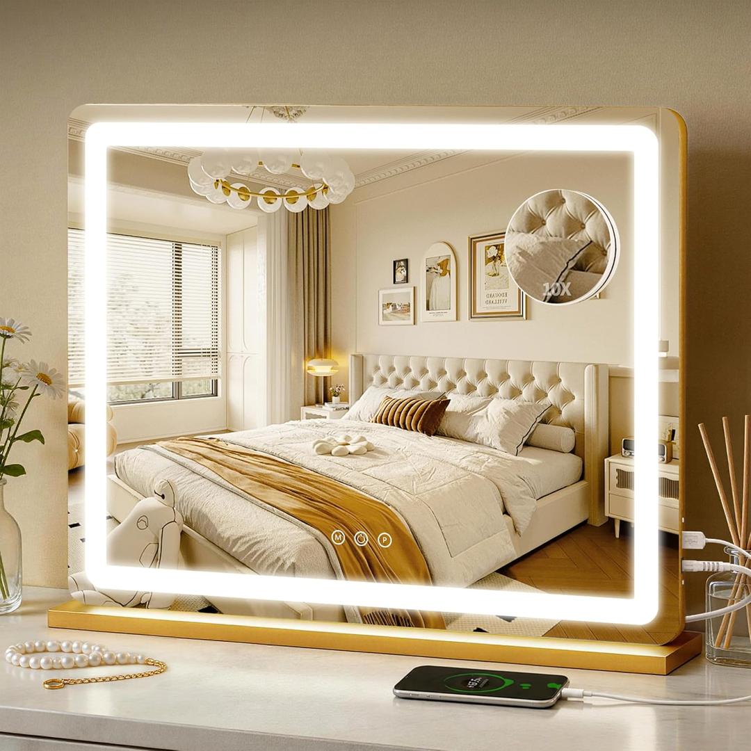 ROLOVE 23"x18" Gold Vanity Mirror with Lights, Large Lighted Makeup Mirror with 10X Magnifier, 3 Color Lighting & Stepless Dimming, Wall Mounted or Tabletop Desk Mirror for Bedroom