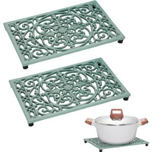 Sumnacon 9.6 x 6.3 Inch Cast Iron Trivet, 2 Pack Metal Trivets with Rubber Feets,Iron Trivet for Hot Dish Pot Pan Plate Teapot,Heat Resistant Trivets Cast Iron for Kitchen Cooktop Dining Table, Green