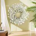 Spring Wreath for Front Door, 24 Inch White Cream Forsythia Spring Wreath Blossom Cluster Flower Farmhouse on Grapevine for Front Door Wall Window Hanging Decor Festival Celebration