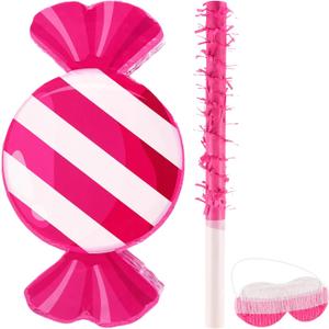 Aoriher Candy Party Pink Decoration Piñata with Stick Blindfold Sweet Lollipop Birthday Piñata for Peppermint Theme Birthday Party Supplies Decoration(Peppermint)