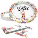 Easter Disposable Party Supplies Set, 25pcs Oval Paper Plates & 25pcs Paper Napkins, Cute Bunny & Floral Design, Tableware for Brunch, Spring Party & Holiday Decor