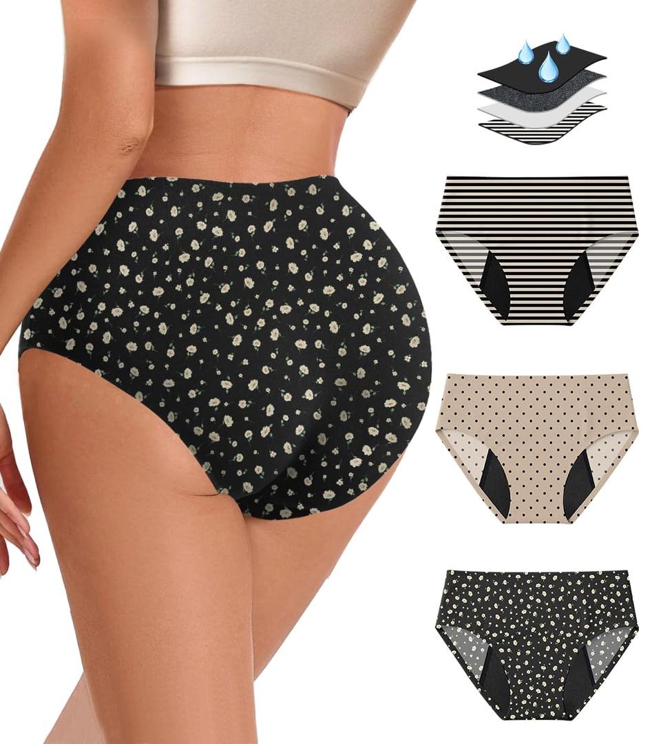 Gemfit Period Underwear for Women Heavy Flow - Seamless High Waisted Leakproof Absorbent Incontinence Postpartum Washable Protective Breathable Briefs 3 Pack, Stripe + Flower + Dot, Large