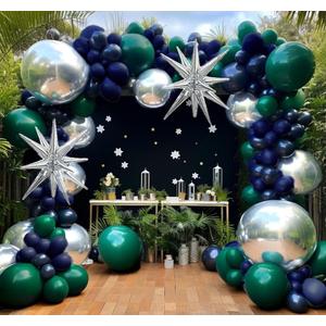 Navy Blue Green Silver Balloon Garland Double Stuffed Dark Green Silver Forest Navy Balloon Metallic Arch Kit for Birthday Football Game Dinosaur Graduation Party Decoration