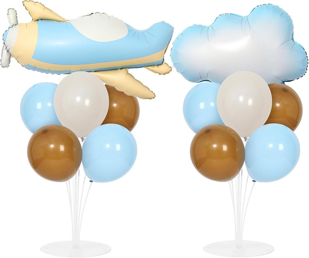 Airplane Baby Shower Birthday Party Decorations Balloons Stand Kit 2 Sets with 2 Airplane Cloud Foil Balloons Baby Boy Shower Balloon Centerpiece for Table for Kid Time Flies 1st Birthday Party Decor