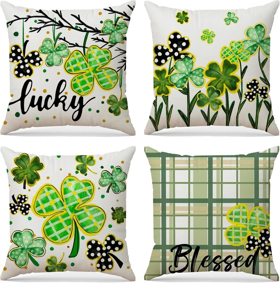 Spring Lucky Shamrock Throw Pillow Covers Green Clovers Pillowcase Watercolor Stripes Blessed Holiday Farmhouse Decorative Cushion Cases for Home Decoration 18x18 Set of 4