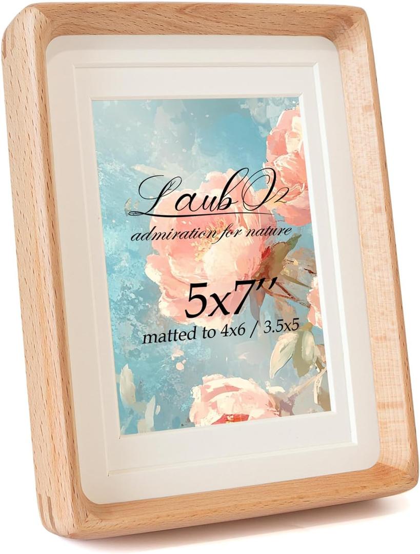 LAUBO2 Wooden 5x7 Small Picture Frame Matted to 4x6, Natural Beech Wood Photo Frame White, Pine Wood Back Panel