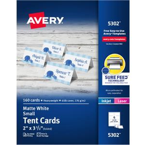 Avery Printable Tent Cards with Sure Feed Technology, 2" x 3.5", White, 160 Blank Place Cards for Laser or Inkjet Printers (5302)