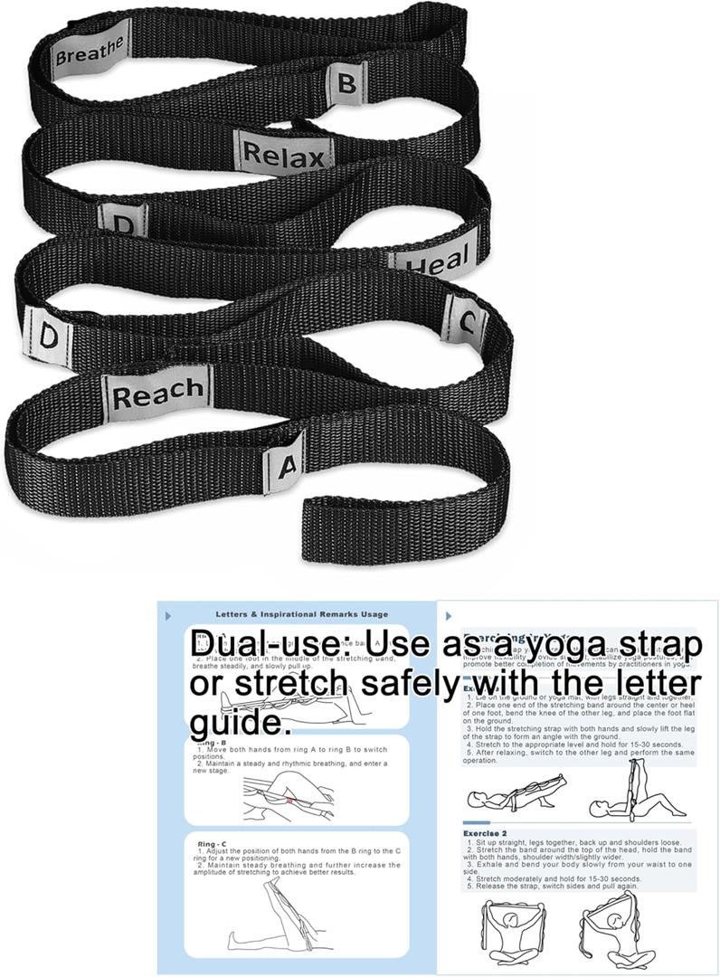 Stretching Strap Yoga Strap with 10 Loops, Non-Elastic Stretch Band for Physical Therapy, Flexibility, Exercise, Pilates, Dance & Gymnastics Workout (Black)