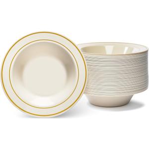 Oasis Creations Gold Rimmed Ivory Bowls - 12 ounce - 50 Count - Hard Plastic - Disposable or Reusable - Dessert - Salad - Cereal - Pasta Bowls - Ideal for Weddings, Parties, Gatherings, Events &More!