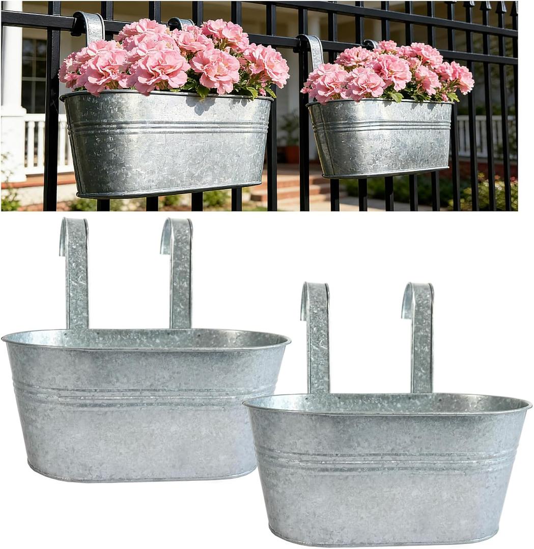 Balcony Galvanized Hanging Planters Railing Flower Pots, Outdoor Metal Fence Planter Pot with Detachable Hooks Drain Hole for Garden Patio Yard Decor (12 Inch, 2Pcs)