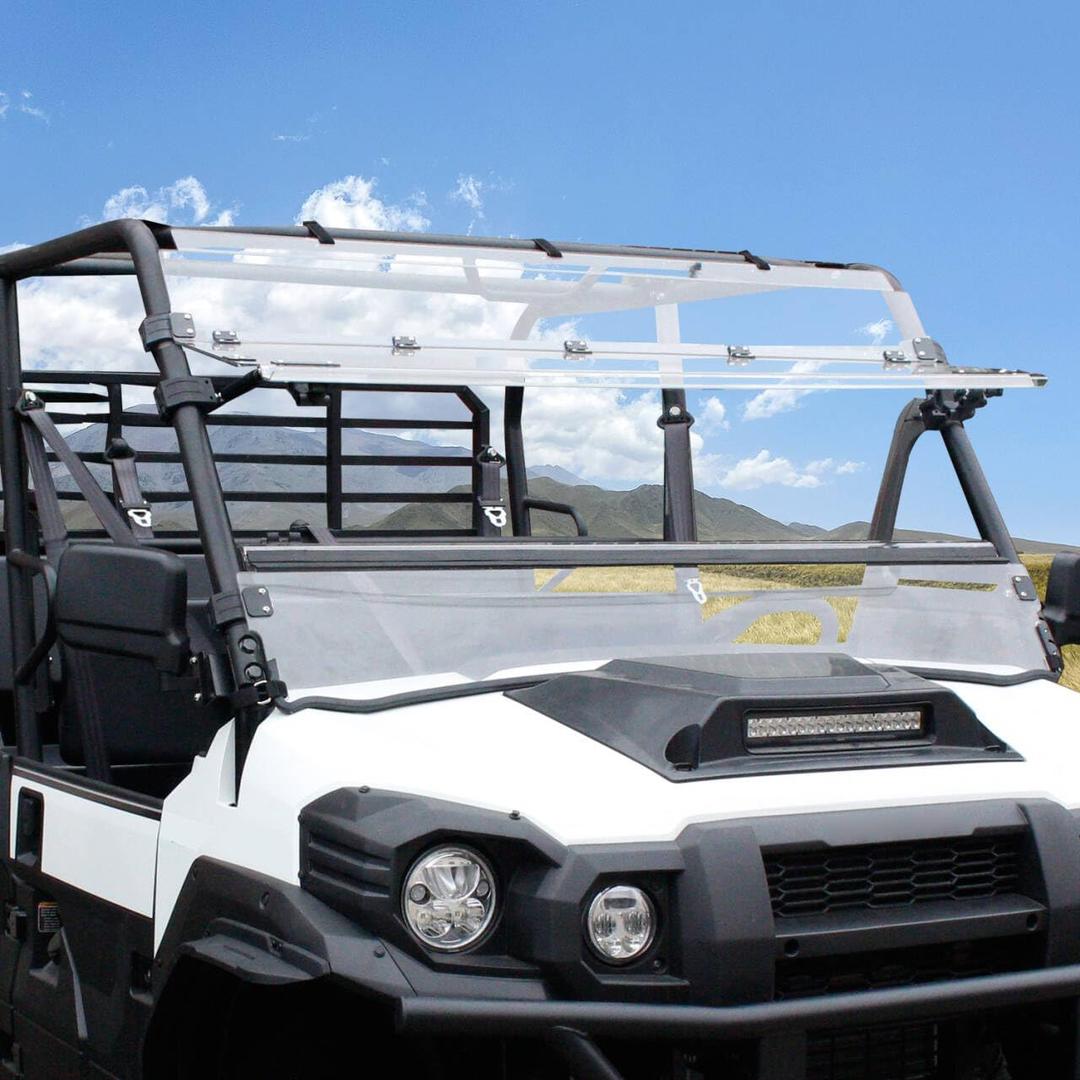 3-IN-1 Flip Up Front Windshield Compatible with 2015-2025 Kawasaki Mule Pro FXT DXT DX FX Accessories Clear Hard Coat Poly 1/5" Front Flip Windscreen Window