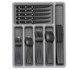 49-Piece Black Silverware Set with Organizer, Heavy Duty Stainless Steel Flatware for 8, Cutlery Utensil Sets with Steak Knives, Rust-proof, Mirror Polished, Dishwasher Safe, Black Heavy Duty